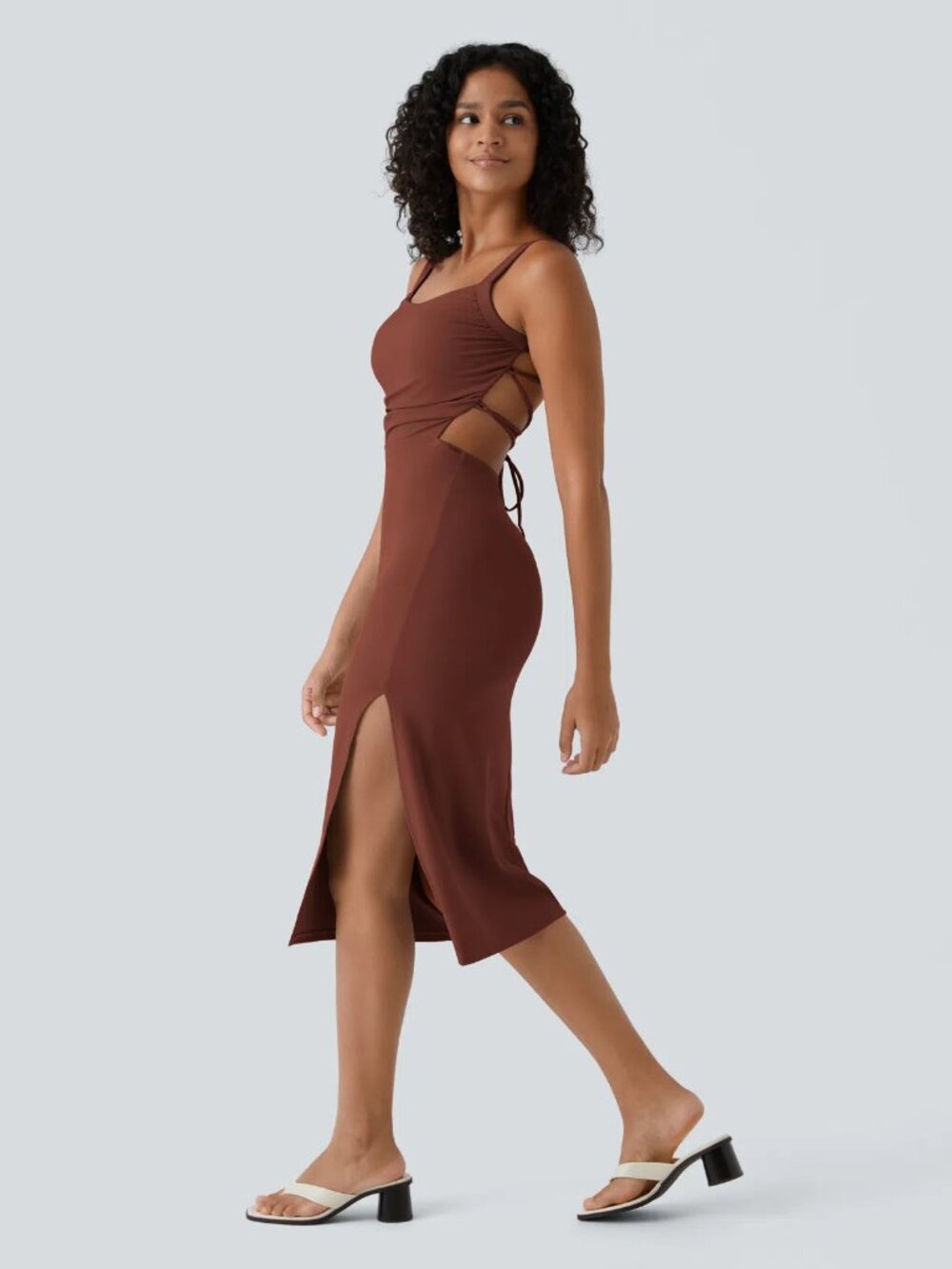 ☀️ Halara Ruched Lace Up Backless Split Bodycon Midi Dress M - Picture 1 of 11
